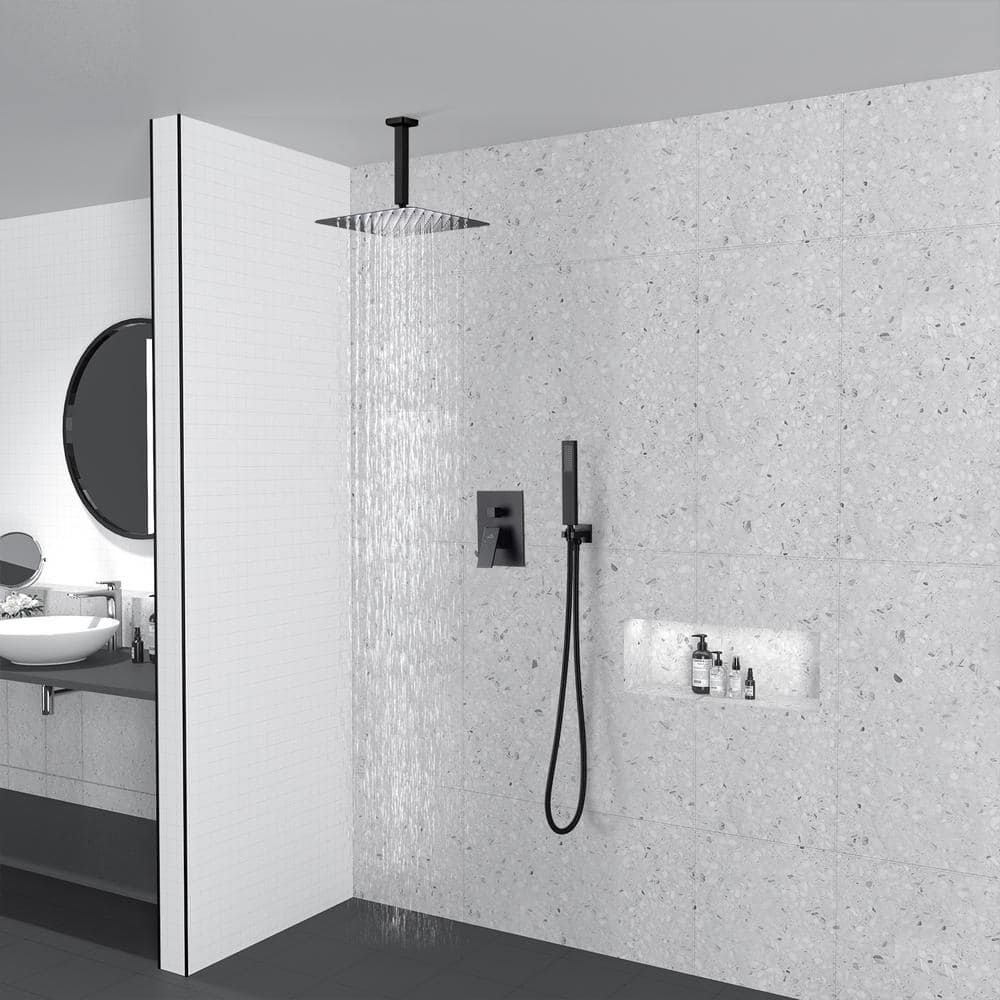 Large Matte Black Dual Square Ceiling Mounted Rain Shower System