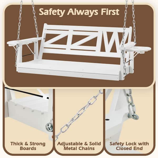JUJABU 2-Person White Wood Outdoor Porch Swing with Hanging Chains