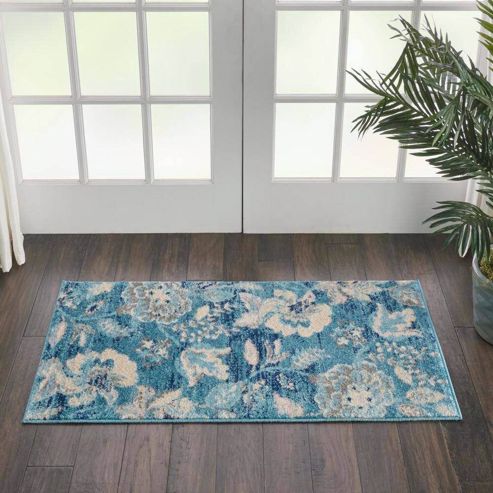 Handmade Turquoise Floral Rectangular Easy-Care Rug 2' x 4'