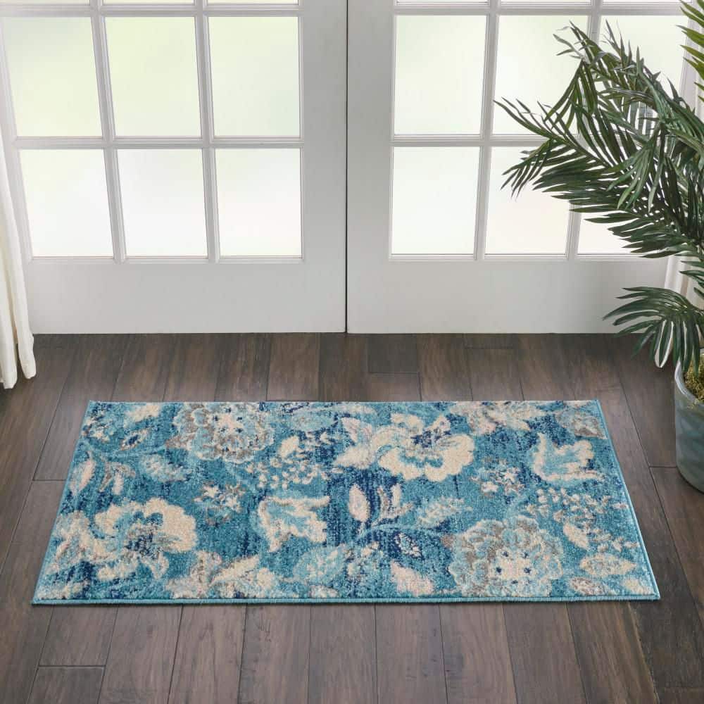 Handmade Turquoise Floral Rectangular Easy-Care Rug 2' x 4'