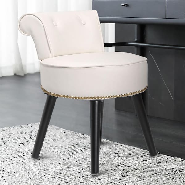 Off-White Wood Upholstered Vanity Stool Round 17.3 in. W x 15.7 in. D x 25.1 in. H
