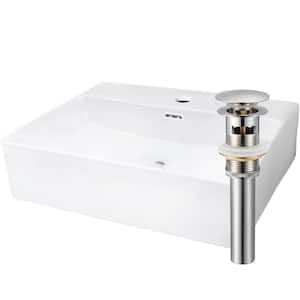 20" Rectangular Vessel Bathroom Sink in White Porcelain with Faucet Hole and Overflow Drain in Brushed Nickel