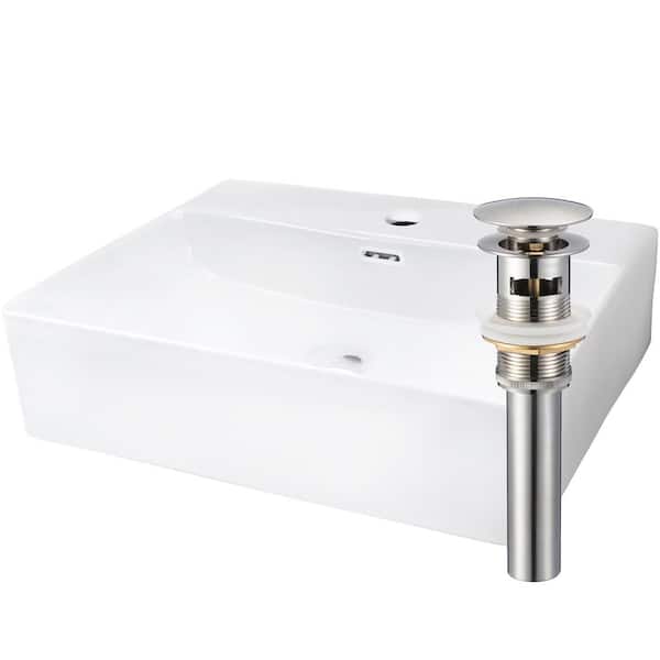 Novatto 20" Rectangular Vessel Bathroom Sink in White Porcelain with Faucet Hole and Overflow Drain in Brushed Nickel
