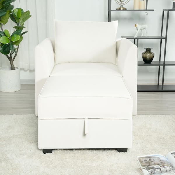 56.1 in. Straight Arm 2-piece Linen Rectangle Sectional Sofa in. White Down with Ottoman for Living Room