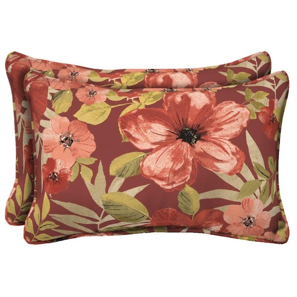 Hampton Bay Chili Tropical Blossom Rectangular Outdoor Lumbar Pillow (2-Pack)