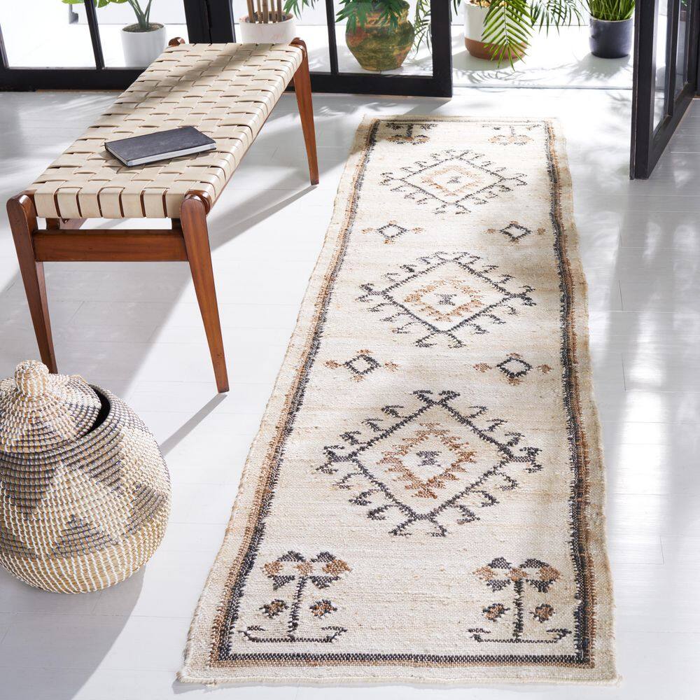 Ivory and Black Wool Tribal Runner Rug, 2'3" x 9'