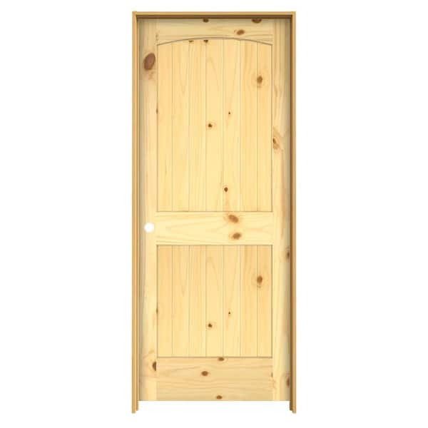 JELD-WEN Woodgrain 2-Panel Archtop V-Groove Solid Core Finished Knotty Pine Single Prehung Interior Door with Pine Jamb