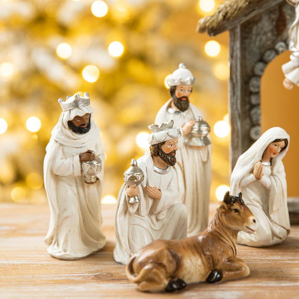 Ivory Resin Nativity Scene Set with Angel and Holy Family