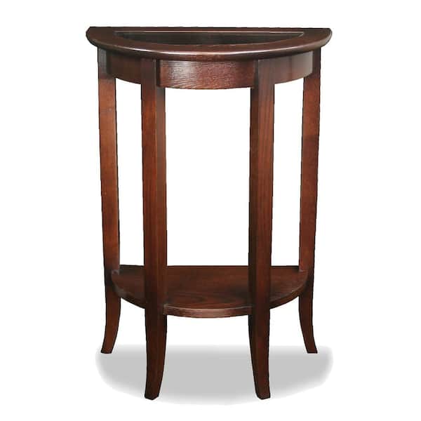 Leick Home Demilune 19.5 in. W x 10 in. D Chocolate Oak Half-Circle Wood End/Side Table with Smoked Glass Top and Shelf