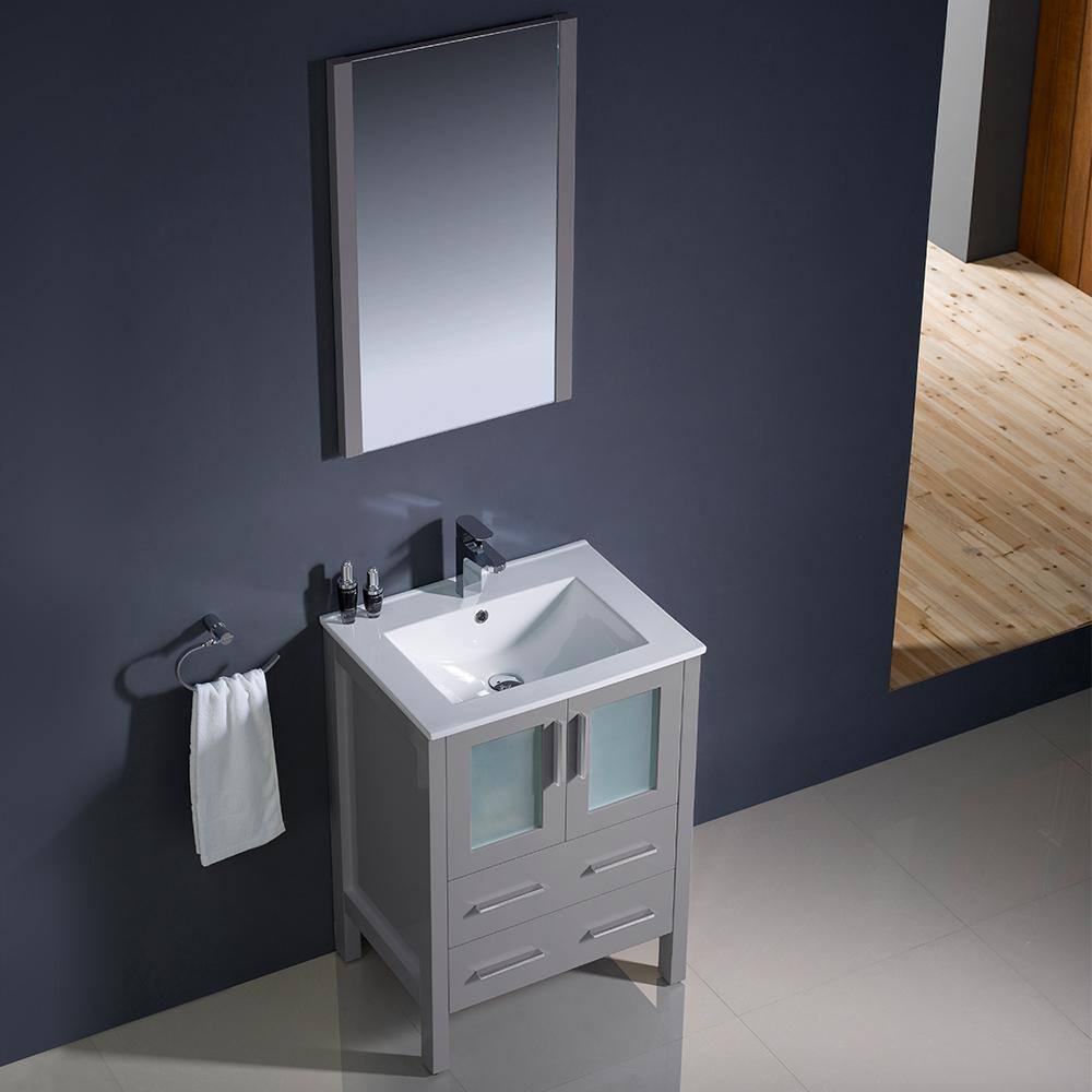 Gray Ceramic and Engineered Wood Single Vanity Set with Mirror