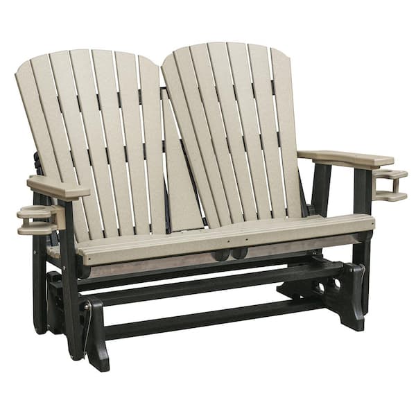 American Furniture Classics Adirondack Series 52 in. 2-Person Black Frame High Density Plastic Outdoor Glider with Weatherwood Seats and Backs