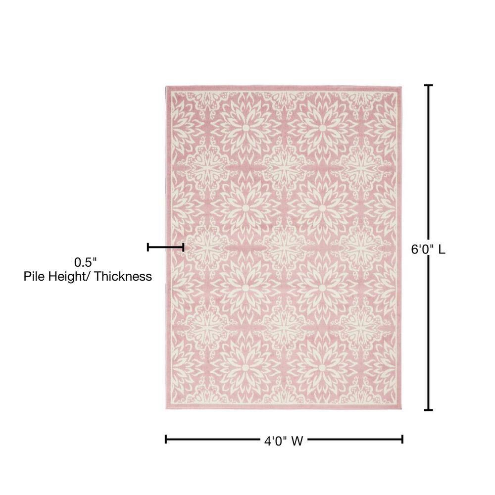 Ivory and Pink Floral Synthetic 4' x 6' Area Rug