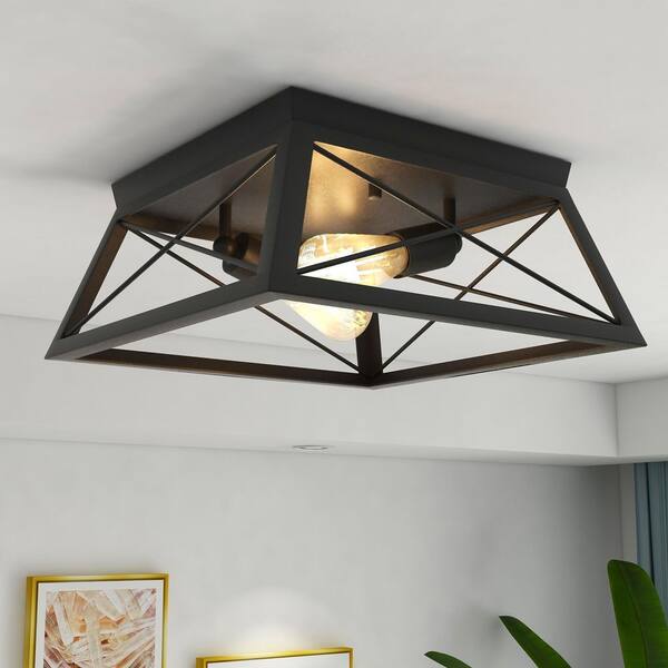 12 in. Black Flush Mount Lights With Open Cage Shade(2 Pack)