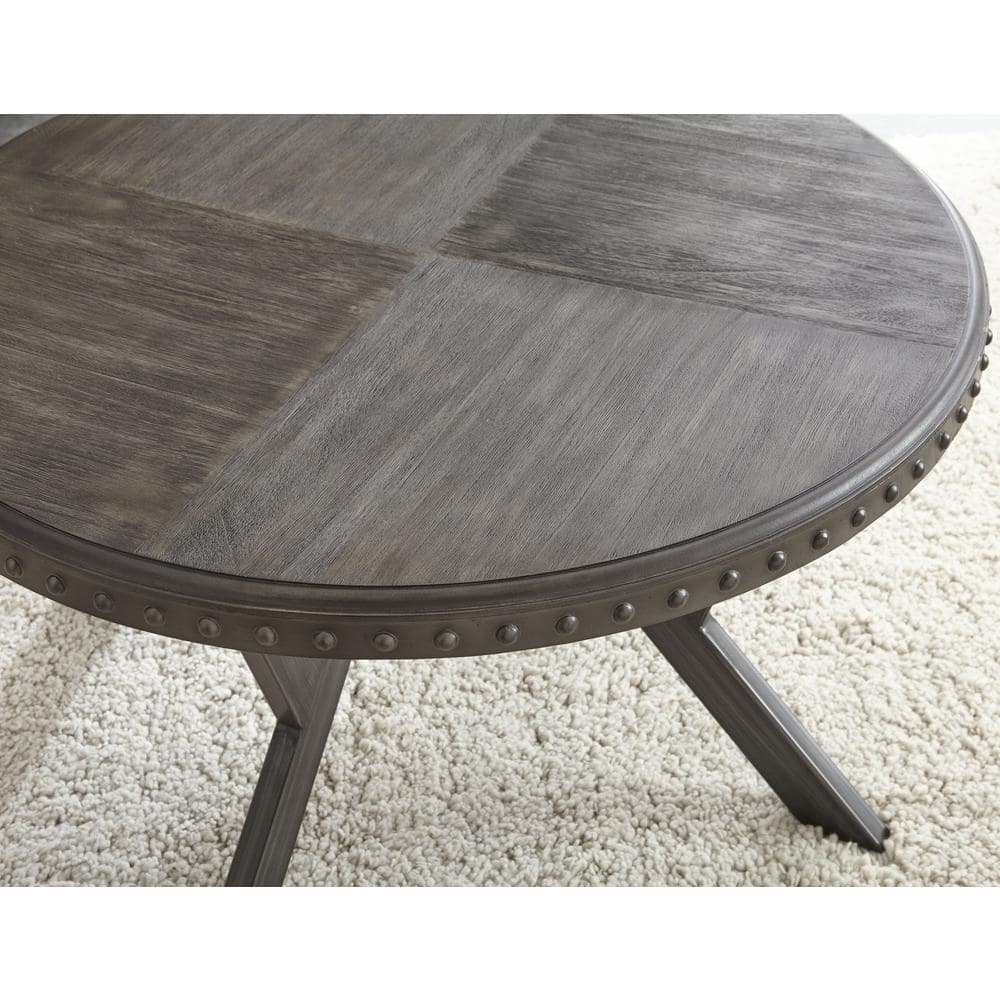 Gray Round Wood and Metal Coffee Table with Nailhead Trim