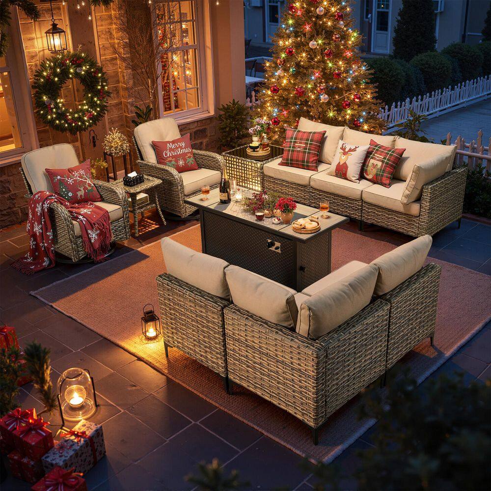 Vinceny Gray 11-Piece Wicker 54 in. Rectangle Fire Pit Patio Conversation Set with Beige Cushions and Swivel Chairs price history on PriceWatchPro