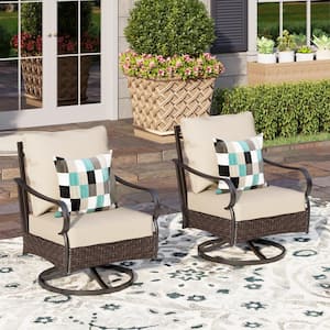 Black Metal Frame Dark Brown Rattan Wicker Outdoor Patio Swivel Lounge Chairs With Beige Cushions (2-Pack)