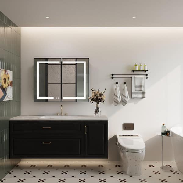 36 in. W x 30 in. H Bright Rectangular Black Wall Mount LED Lighted Medicine Cabinet with Mirror