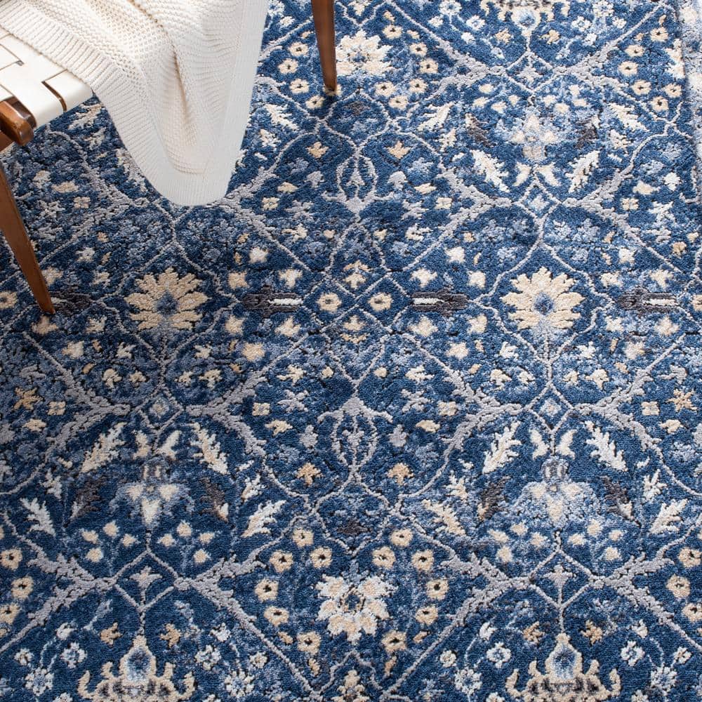 Navy and Ivory Floral Synthetic Area Rug, 8' x 10'