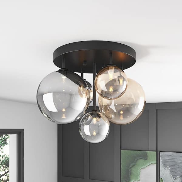 Modern 17.71 in. 5-Light Matte Black Semi Flush Mount Ceiling Light with Globe Glass Shade