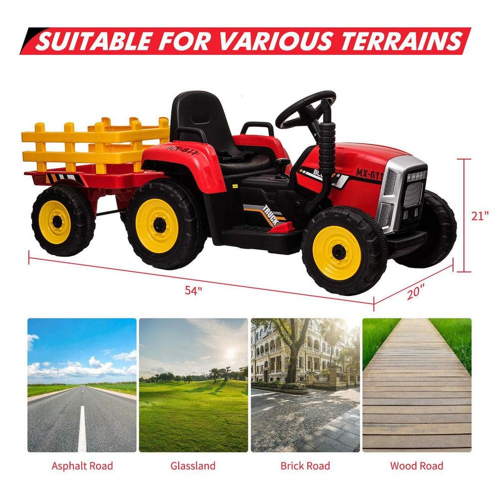 Red 12V Kids Electric Ride-On Tractor with Trailer