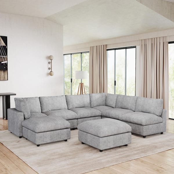 Modular Cloud Couch, 134 in. Square Arm Chenille L-Shaped Sofa with 2 Chaise Ottomans, Washable Covers in. Gray