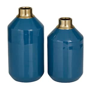 Blue Metal Decorative Vase with Gold Rims (Set of 2)