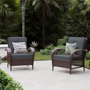 2 Pieces Outdoor Brown Wicker Patio Conversation Sofa Seating Set with Cushions in Dark Gray