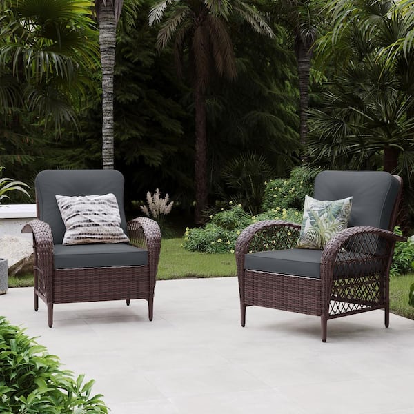 UPHA 2 Pieces Outdoor Brown Wicker Patio Conversation Sofa Seating Set with Cushions in Dark Gray