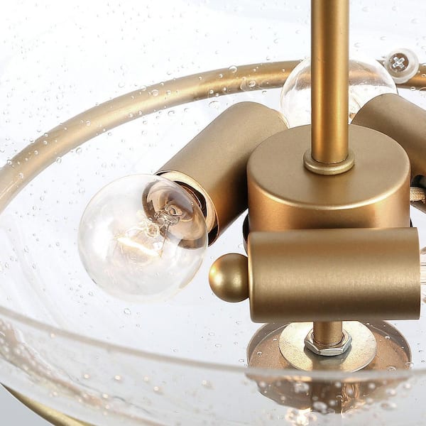 Uolfin Modern Center-Bowl Kitchen Ceiling Light Naomi 3-Light Gold Bedroom Semi-Flush Mount with Seeded Glass Shade