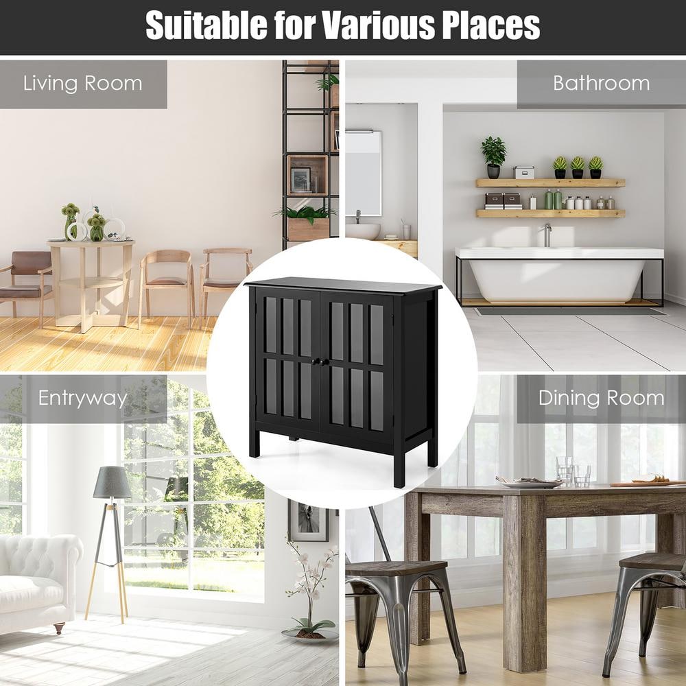 Modern Black MDF Console Table with Tempered Glass Doors