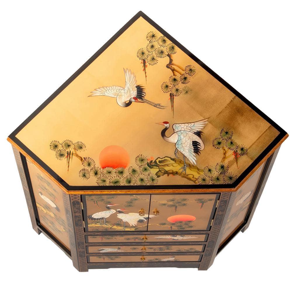 Gold Lacquer Hand-Painted Cranes Corner Cabinet