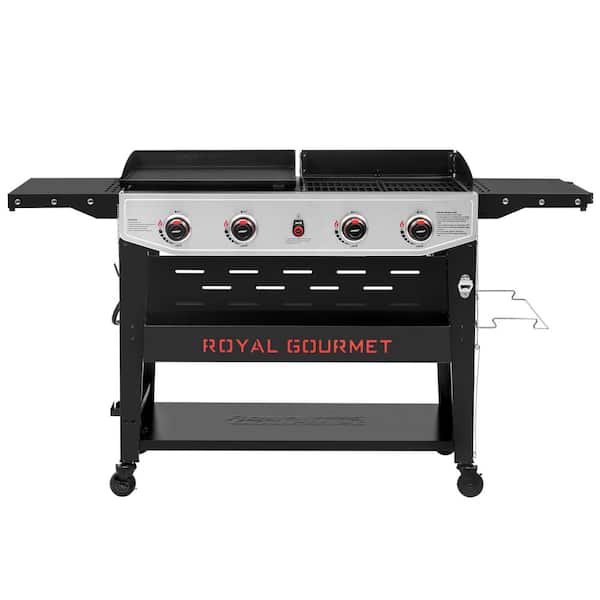 4-Burner Gas Grill and Griddle Combo with Cooking Grates, Black and Silver, Heavy-Duty and Durable for Outdoor Cooking