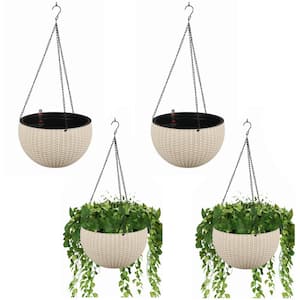 10.24 in. White Plastic Hanging Baskets with Water Level Indicator Drainer and Chain (4-Pack)