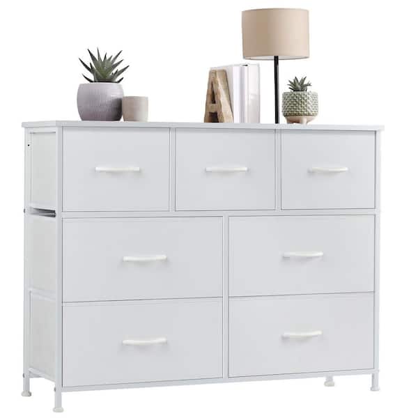 Bestier White 7 Drawer 39.3 in. W Fabric Storage Tower Dresser Wooden Top without Mirror for Kid Room, Closet, Entryway, Nursery