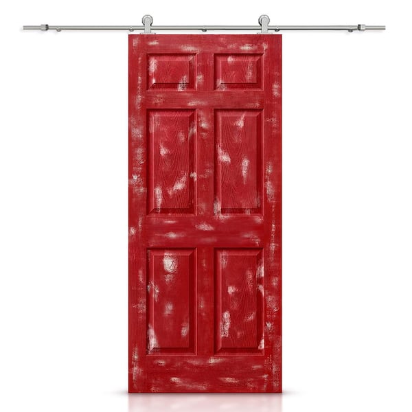 CALHOME 30 in. x 80 in. Vintage Red Stain Composite MDF 6 Panel Interior Sliding Barn Door with Hardware Kit