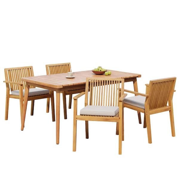 63 in. 5-Piece Acacia Wood Outdoor Dining Set with Removable Beige Cushions, Slatted Tabletop