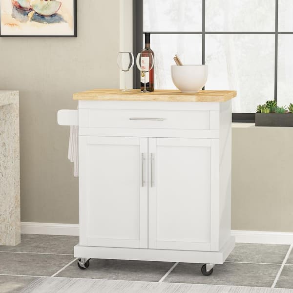 FAMYYT Compact White Wood Tabletop 32 in. Kitchen Island with Doors and Drawer