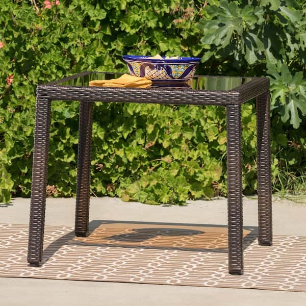 Noble House Everett Multi-Brown Square Faux Rattan Outdoor Patio Dining Table with Glass Top