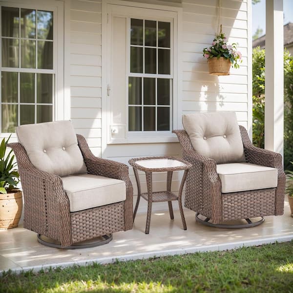 Artisan Brown 3-Piece Wicker Swivel Rocker Patio Conversation Set with 6 in. Thick Beige Cushions and Side Table