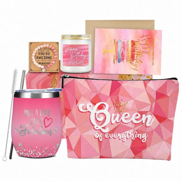 Happy Birthday 6-Piece Gift Set - Wine Tumbler, Cosmetic Bag, Bracelet, Scented Candle, Card for Women