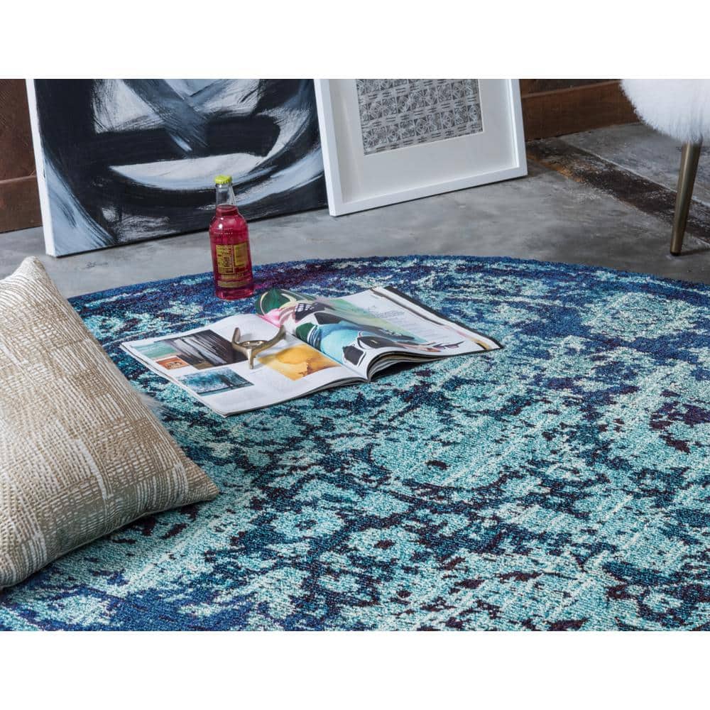 Fleur Intricate Pattern Navy to Light Blue Round Rug - 6'