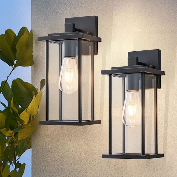 13 in. Matte Black Outdoor Hardwired Wall Lantern Sconce with Clear Tempered Glass, No Bulbs Included(2-Pack)
