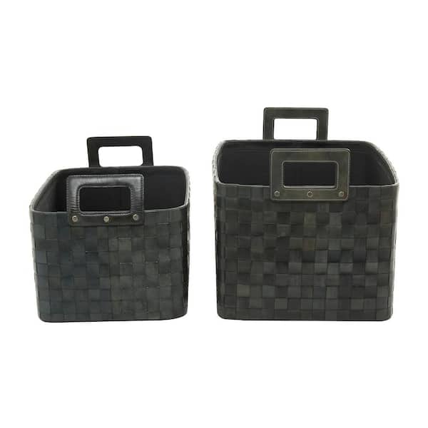 Litton Lane Dark Blue Leather Modern 14 in. and 12 in. Storage Basket (Set of 2)