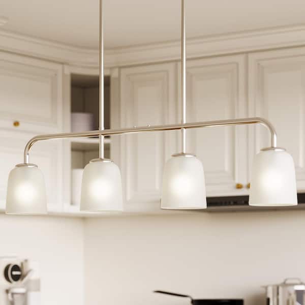 36.4 in. 4-Light Modern Brushed Nickel Linear Island Pendant with White Frosted Glass Shade for Kitchen Island