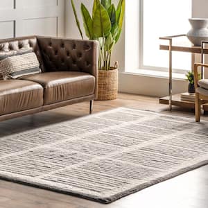 Tayshia Ivory 6 ft. x 9 ft. Machine Washable Wool Modern Striped Indoor Area Rug