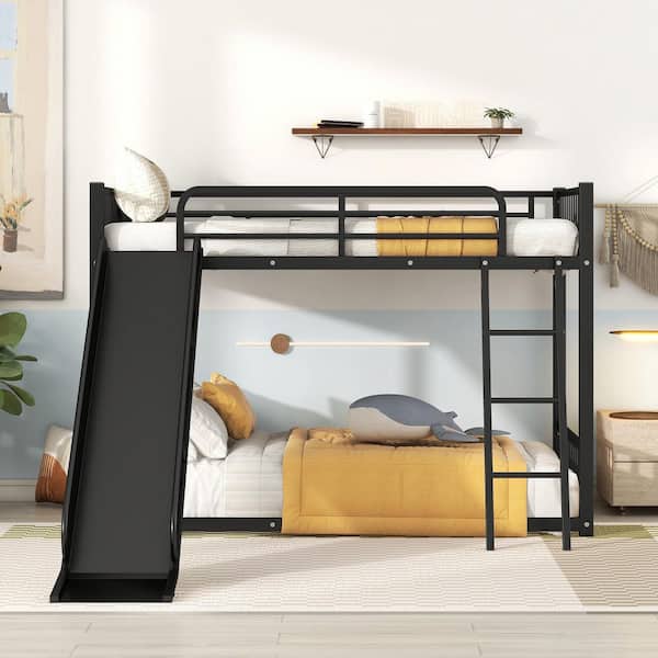 Black Twin Over Twin Metal Bunk Bed with Slide and Ladder