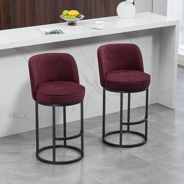 Ken Modern 34.84 in. H Wine Red Metal Upholstered Bar Stool with Fabric Seat, Back and Footrest, Set of 2