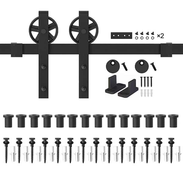 WINSOON 17 ft. /204 in. Frosted Black Sliding Barn Door Track and Hardware Kit for Single with Non-Routed Floor Guide