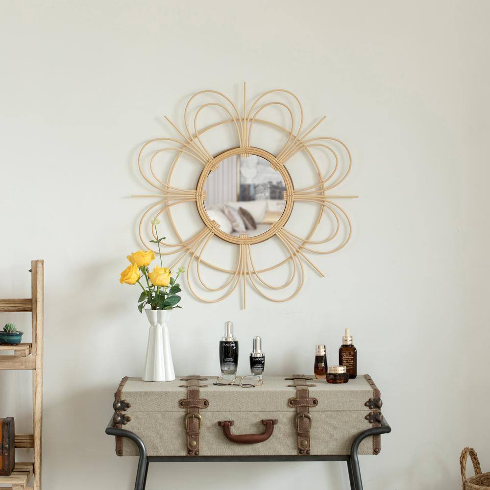 Flower Shape Woven Rattan Wood Round Sunburst Wall Mirror