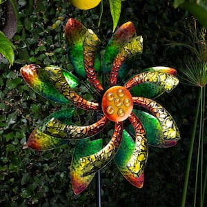 64 in. Tall Floral Windmill Stake with Jeweled Kinetic Spinner, Green and Orange